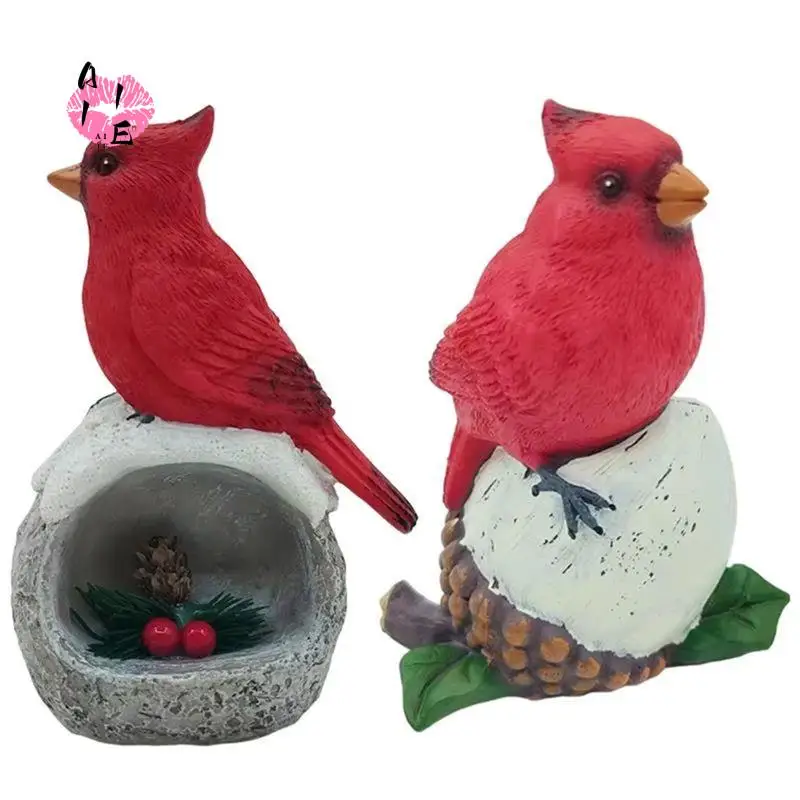A11E-Red Bird Figurine Handmade Simulated Artificial Crafts Resin Red Bird Sculpture Decorative Handmade Bird Ornaments