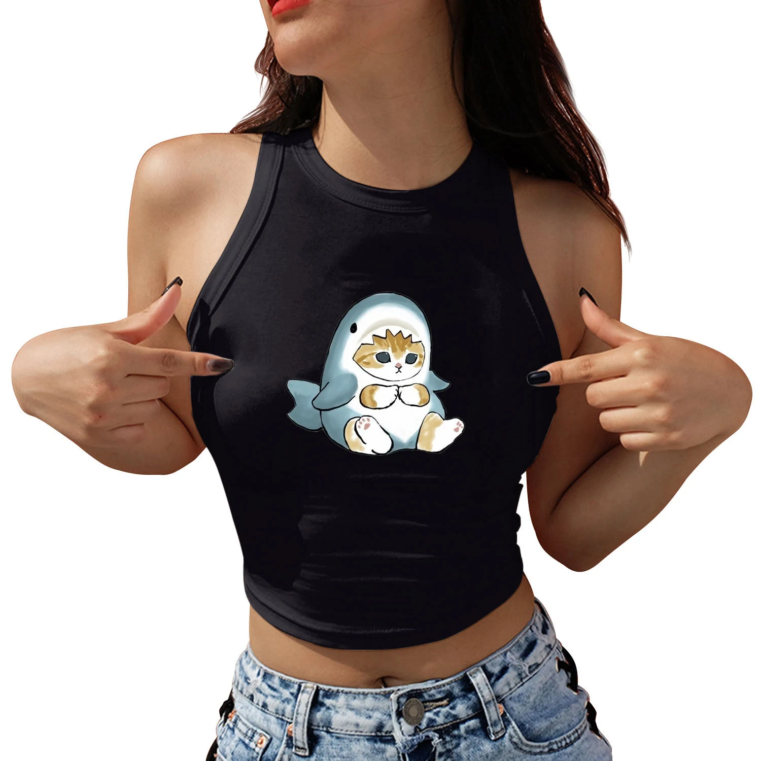 

Cute Shark Cats Printed Women's Sexy Crop Top Streetwear Sleeveless Summer Camisole Harajuku Female Casual Y2K Tank Tops