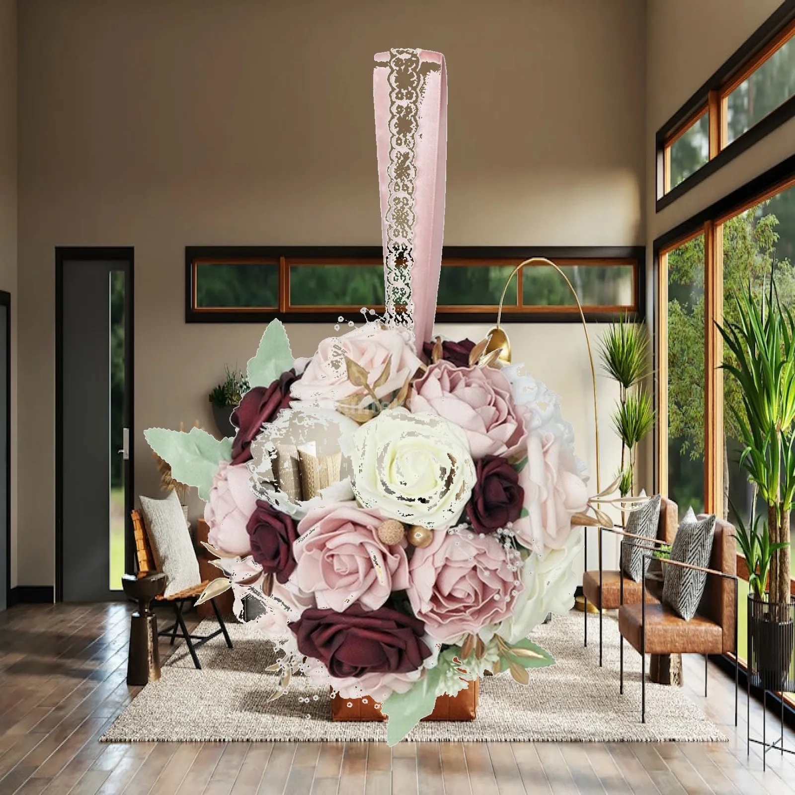 手持ちシルクフラワーボール、リボン付き、ヴィンテージ風造花ボール、パールアクセントのフローラルポマンダー、ロマンチック