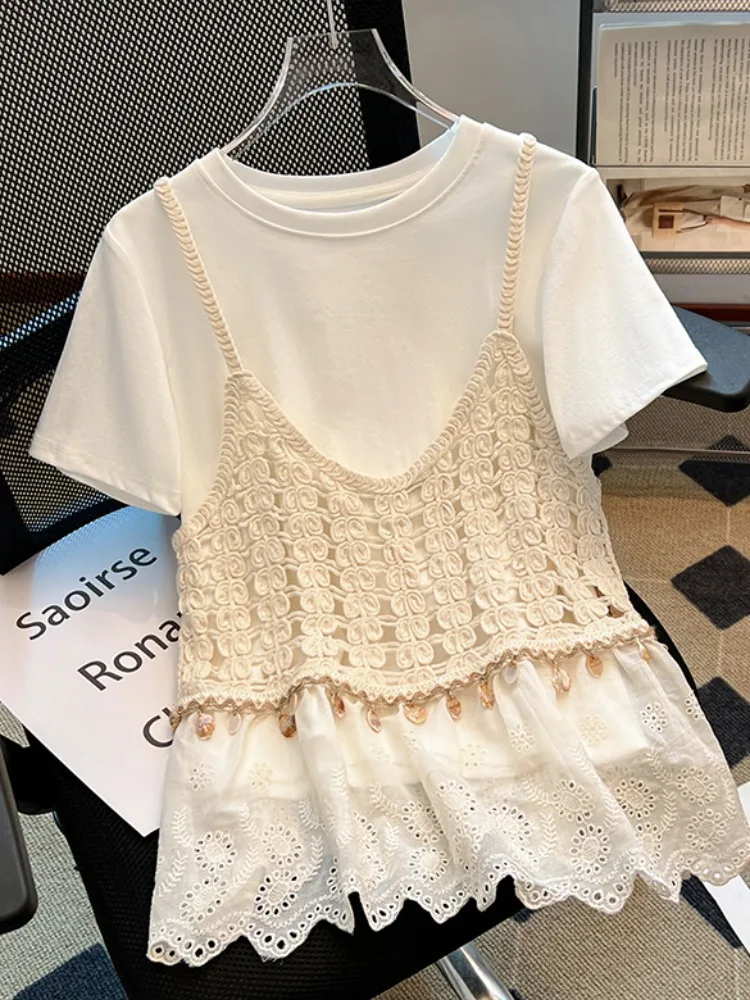 n Sle المرأة ort Sve تي شيرت محبوك الجوف خارج المحاصيل الأعلى وسترة قطعتين مجموعة الصيف تنفس مزيج القطن #1