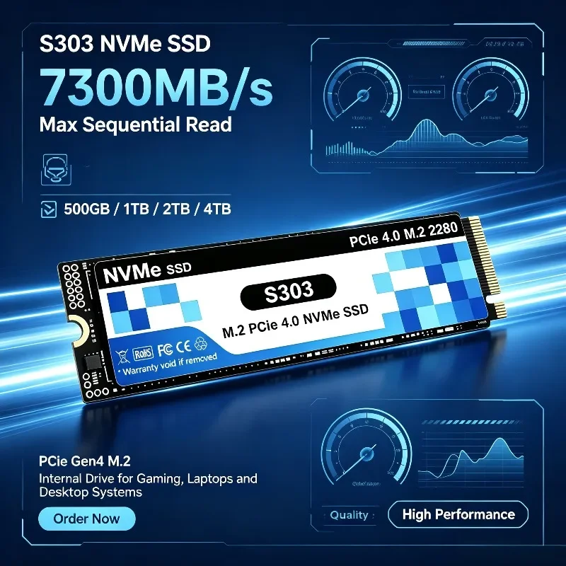 S303 PCIe 4.0 M.2 NVMe SSD 500GB-4TB, 7300MB/s Max Seq Read, Internal Drive for Desktop Systems and Gaming Laptops.