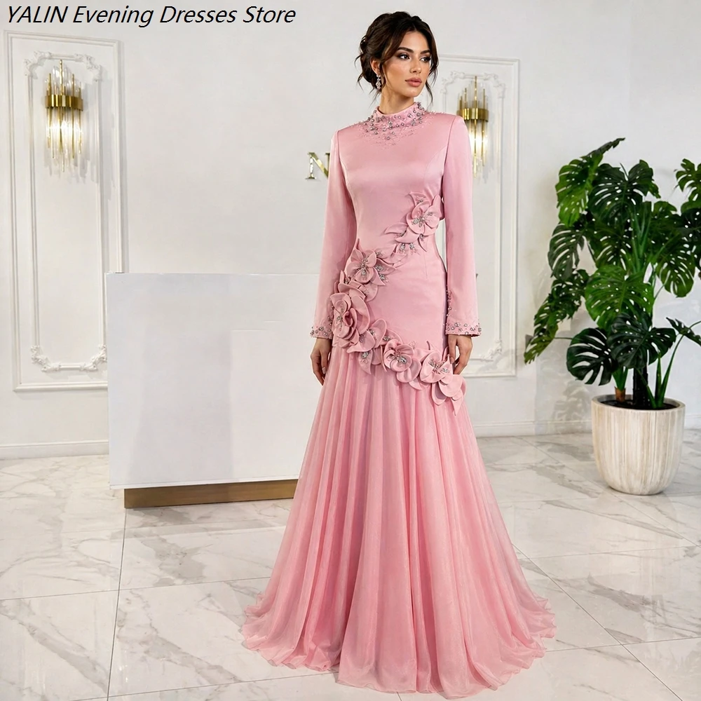 A-Linien-Abendkleider für Damen, bodenlang, hochgeschlossen, mit langen Ärmeln, Ballkleider, modische, mit Blumen und Kristallen verzierte, drapierte, maßgeschneiderte Kleider