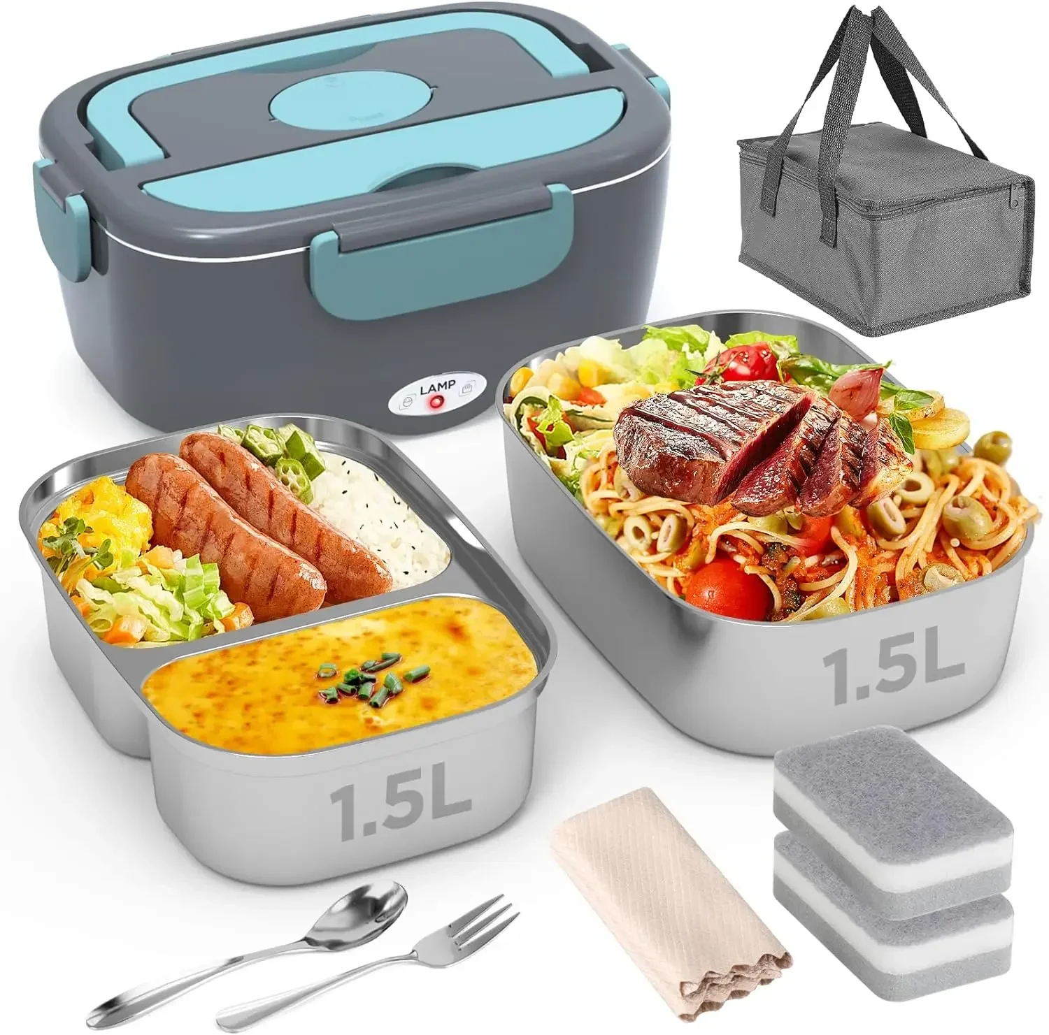 Electric Lunch Box Food Heater ,80W Fast Heating Lunch Box (12V/24V/110V), Dual 1.5L SS Containers, Portable Food Warmer