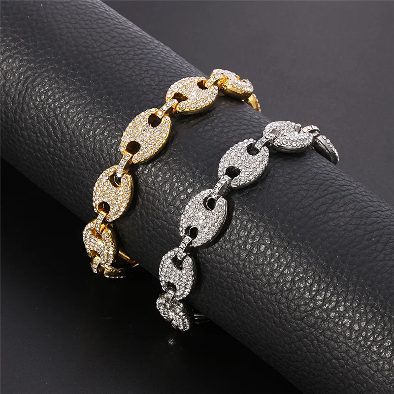 18MM Coffee Bean Link Rhinestone Bracelets for Men Hip Hop Fashion Punk Chain Bling Bling Charms Cuban link Chain Pulseras