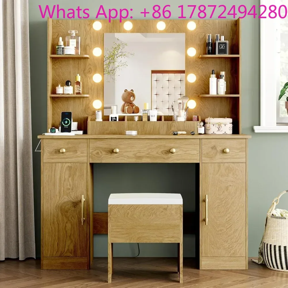 Vanity Desk with Mirror and Lights, 43'' Oak Makeup Dressing Table Set with 5 Drawers & Chair