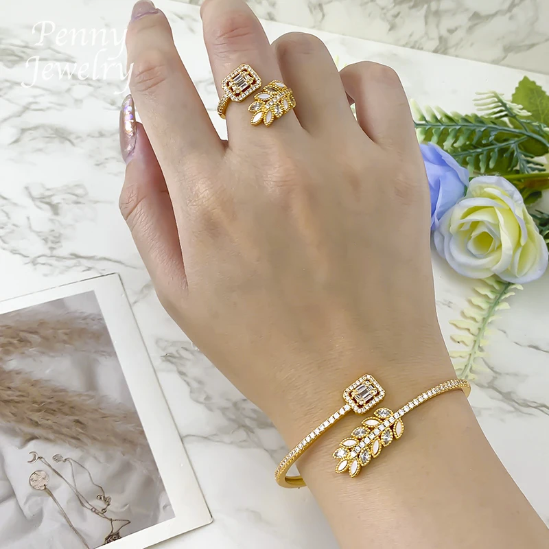 

Exquisite Rhinestones Women Bangle Bracelet Ring Sets Original Gold Plated Jewelry Set Bridal Wedding Party Gifts Jewellery Sets