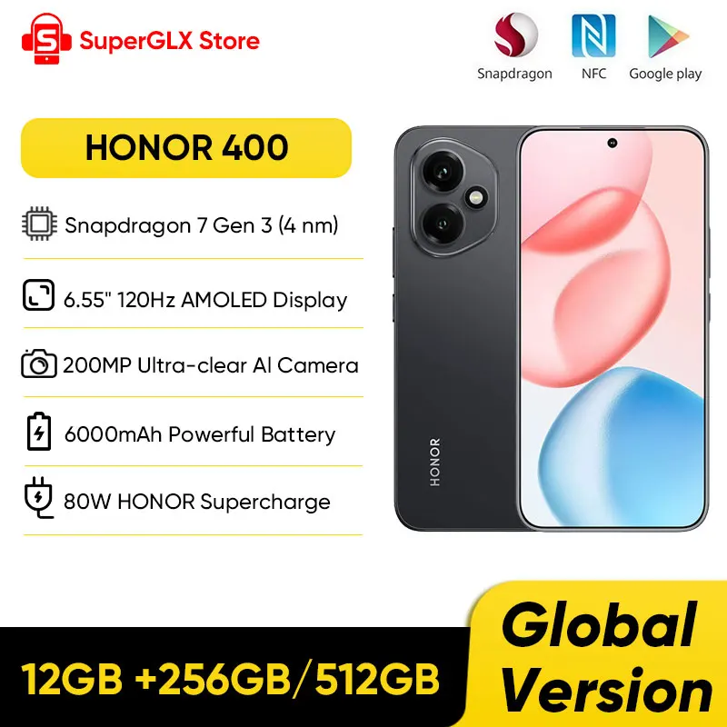 HONOR 400 Global Version 5G Smartphone 6.55'' 120Hz AMOLED Display 200MP Dual Camera Snapdragon 7 Gen 3 6000mAh 80W SuperCharge