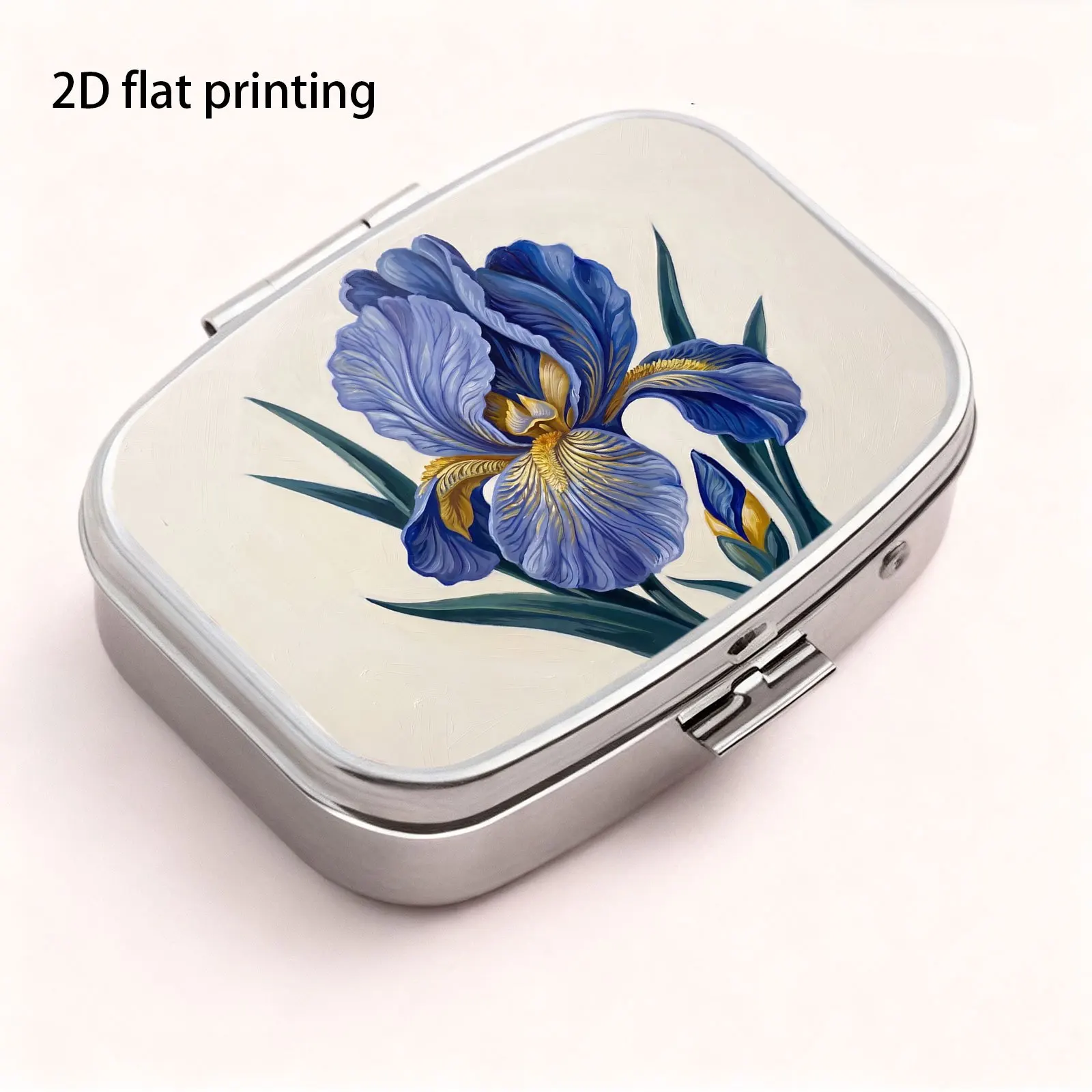 Fresh Watercolor Blue Iris Single Flower Realistic Oil Painting Pattern, Small Square Two-Compartment Pill Organizer, Portable Medicine Storage, Can Also Be Used as a Household Portable Organizer, Decorative Box, Perfect for Handbags, Wallets, and Travel, Metal Storage Box, Small Jewelry Organizer, Ideal for Holiday Gifts, Souvenirs, Prizes, and Small Gifts