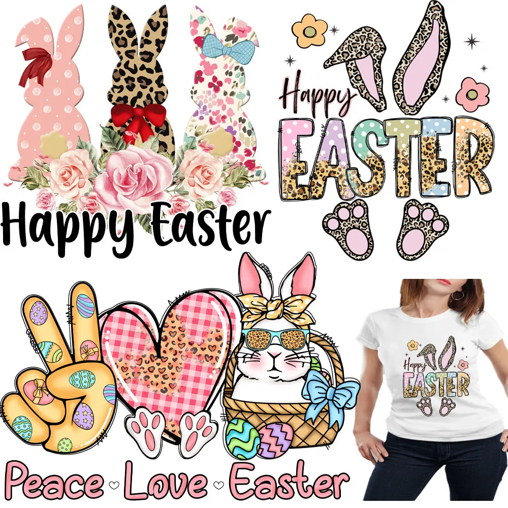 Happy Easter Iron On Patches Funny Bunny Kisses Easter Stickers for Clothes Wishes Heat Transfer Stickers For Clothes Bags