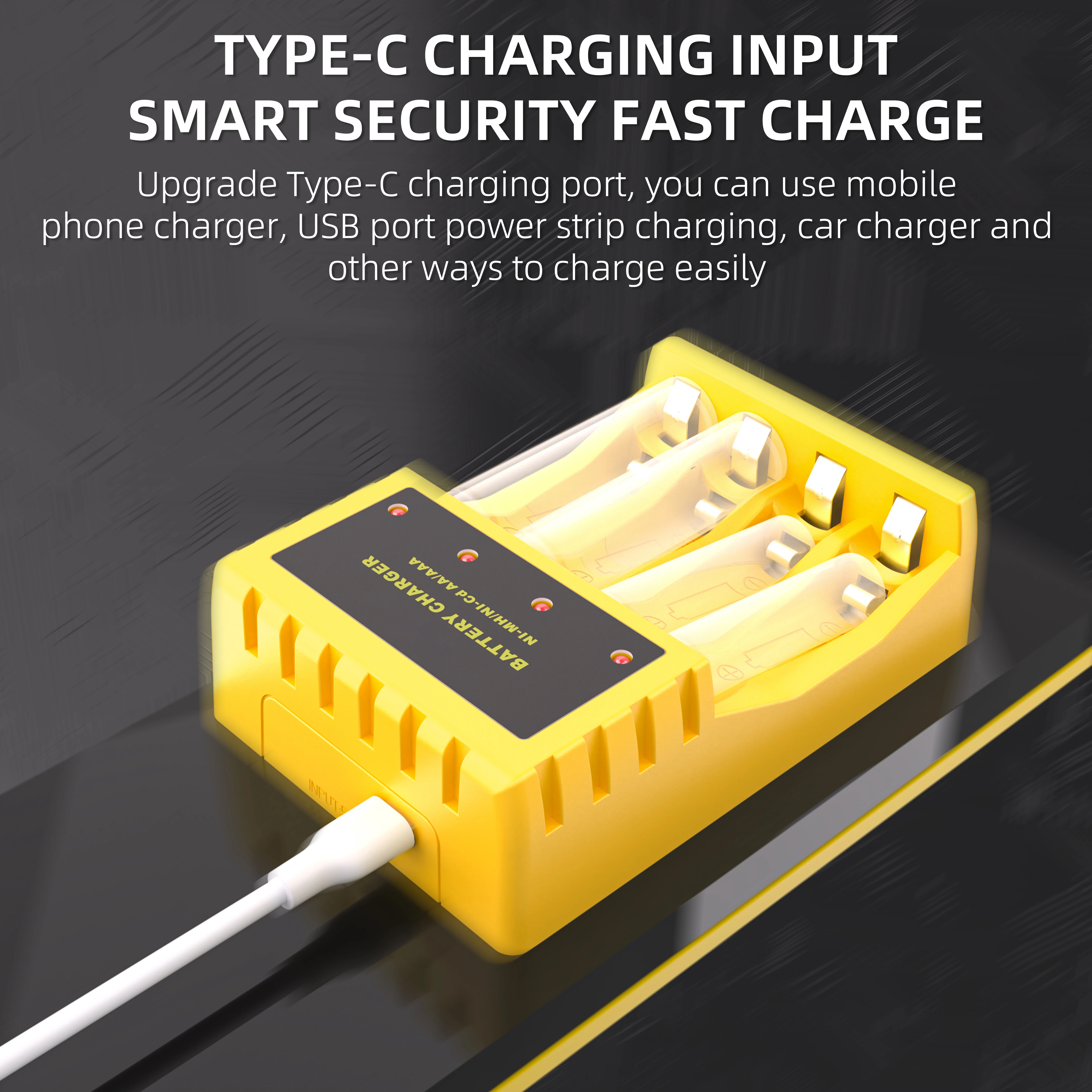 Chicnod N409 AA AAA Battery Charger Ni-MH Ni-Cd Rechargeable Battery Charger 4 Slot LED Indicator USB Type-C Smart Charger