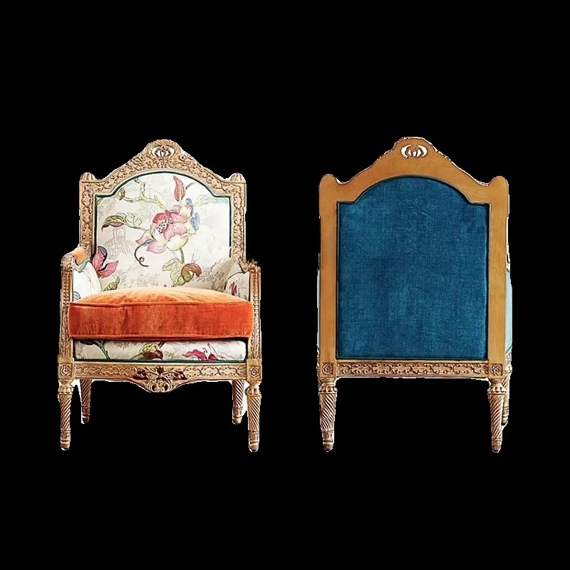 

A15 Retro Retro European-Style Wood Carved Single Sofa Fabric Reception Leisure Wingback Chair