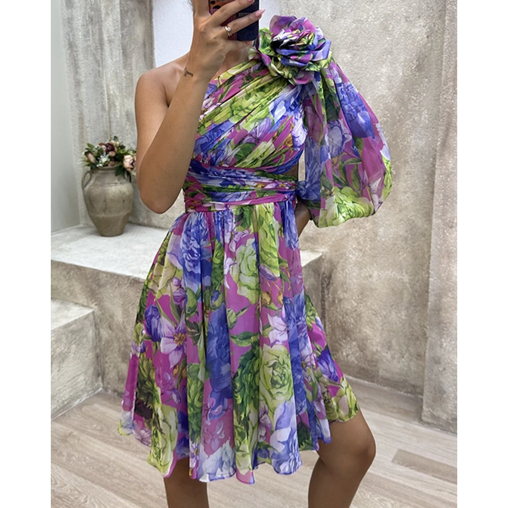 

Floral Print Ruched Vestidos Elegant Party Dresses for Woman Summer One-Shoulder Rose Decor Birthday Prom Dress Femme Boho Dress