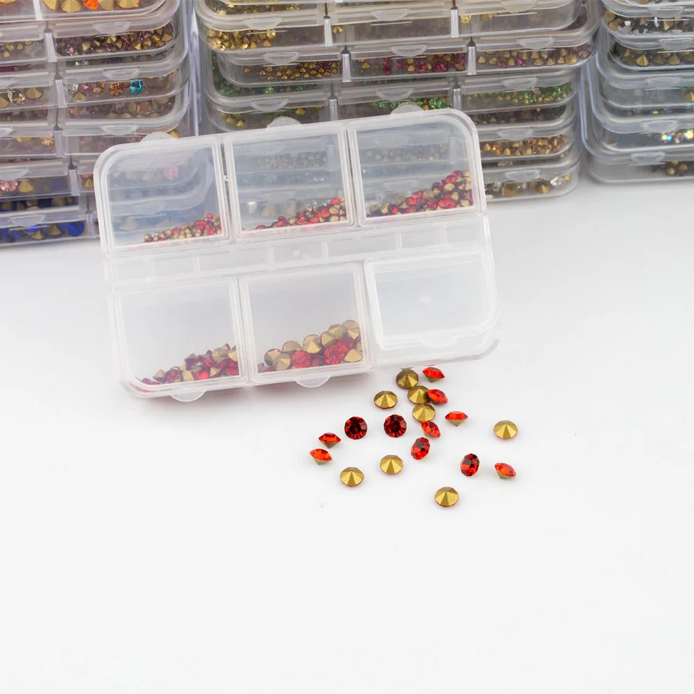 CARLOW Most Popular Machine Cutting Colorful 6 Grids Box Glass Point Back Rhinestone For Nail Diy Decoration
