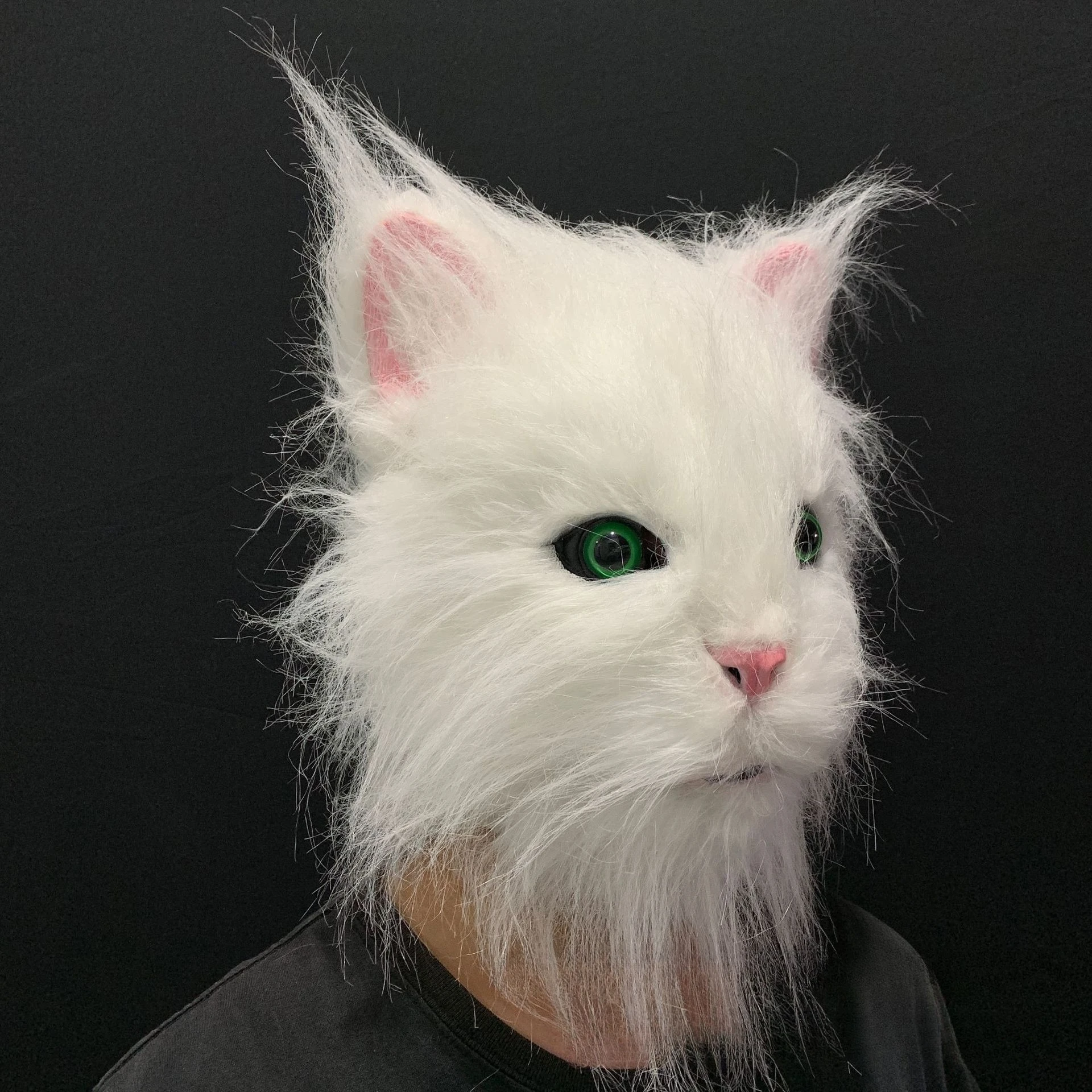 White Cat Simulation Hair Mask Super Cute Latex Squirrel Mask Cosplay Animal Headcover Cat Face Masques Black and White