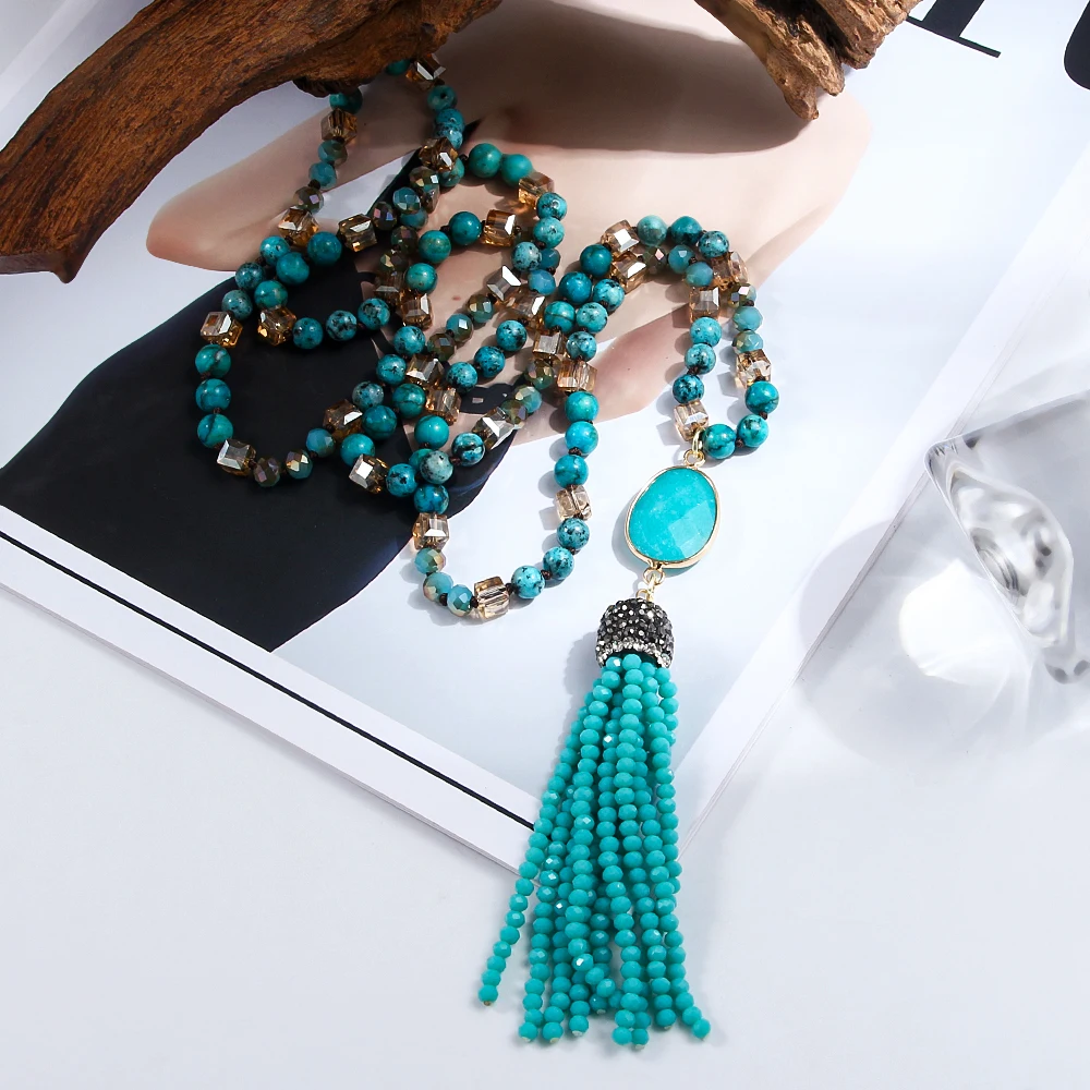 

New Vintage Bohemian Jewelry 6mm Natural Stone Glass Necklace Shiny Tassel Pendant Necklace