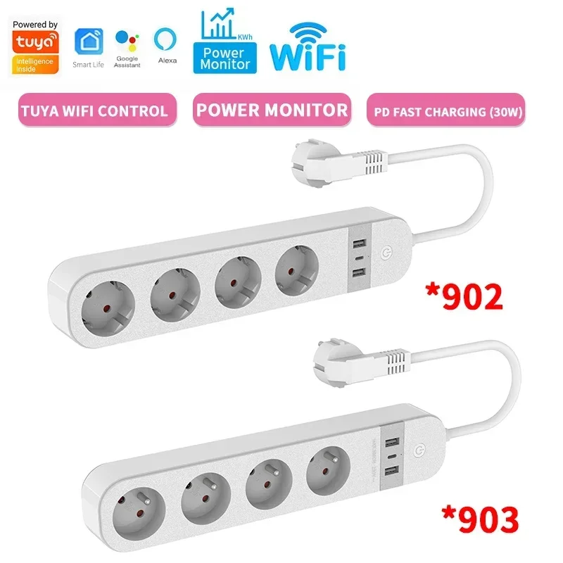 WiFi Europe Smart Power Strip Surge Protector 4 Plug EU FR Outlets Socket USB Type C Tuya App Voice Control by Alexa Google