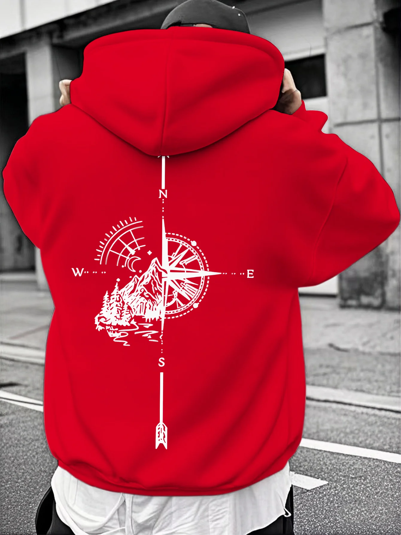 Autumn/Winter Trendy Hip Hoo Retro Compass Print Warm Men's Hooded Sweatshirt Outdoor Sports Casual Streetwear
