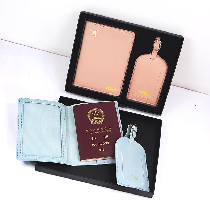 Set di copertina per passaporto con etichetta per bagaglio da viaggio con nome personalizzato con confezione regalo Etichetta per valigia da viaggio porta passaporto in pelle di lusso personalizzata