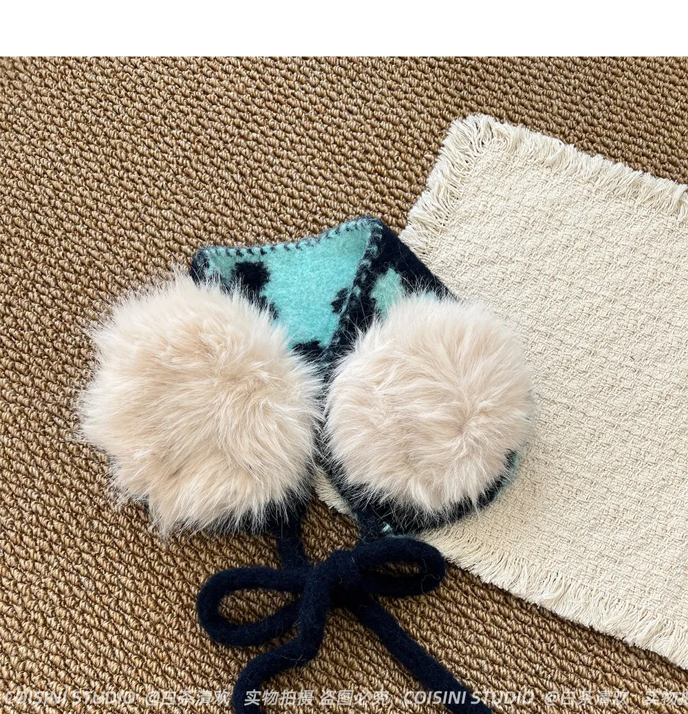 Heart Pattern Knitted Winter Earmuffs for Women Faux Fur Pom‑pom Ear Warmers Bow‑tie Design Soft Warm Cold‑proof Ear Muffs