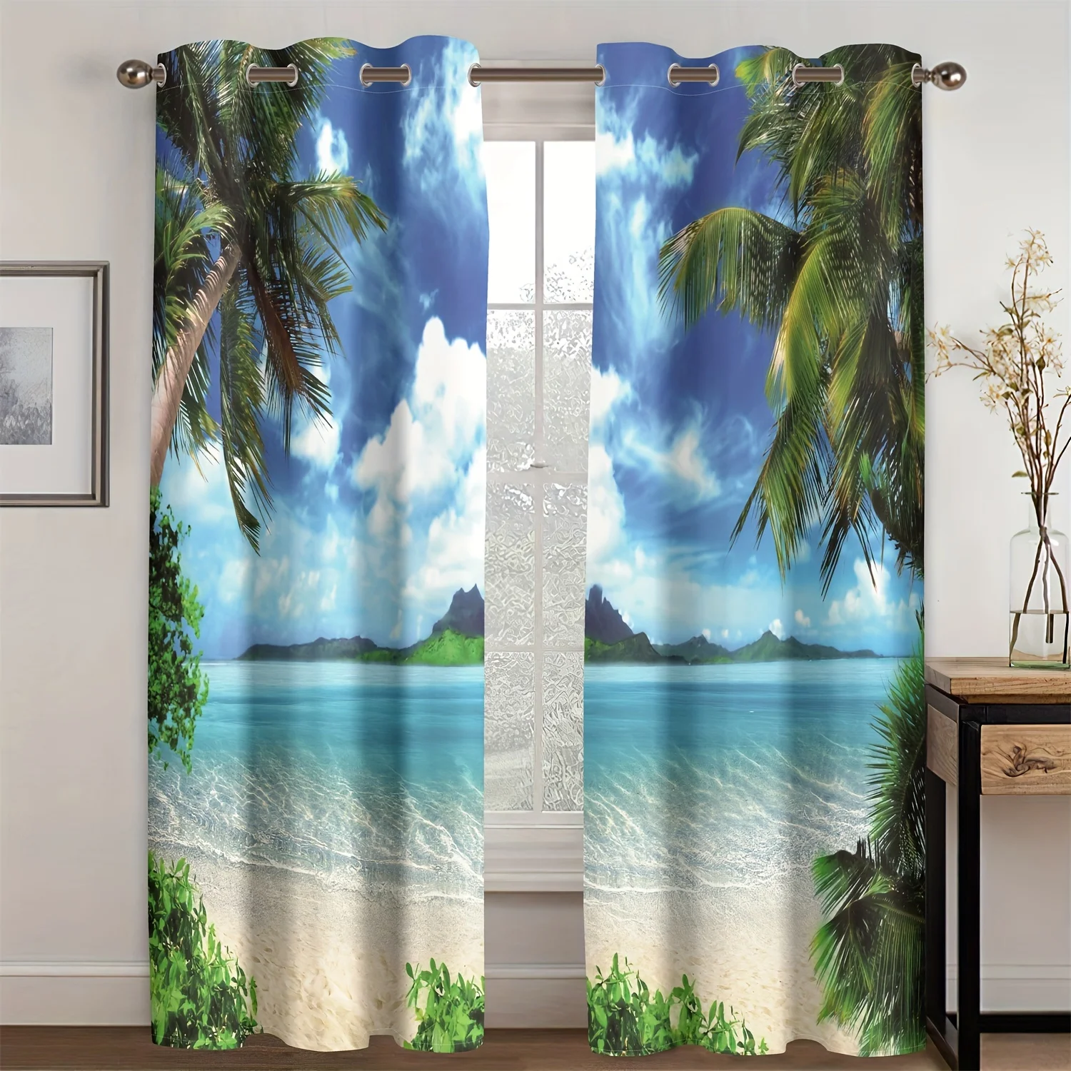 

2pcs Summer Spring Landscape Tree Forest River Rock Waterfall Pattern Curtain Digital Printing Living Room Curtain Grommet Top