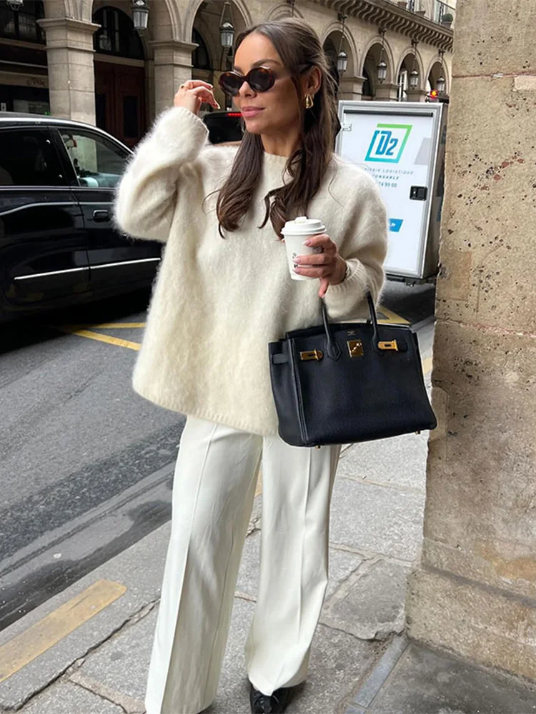 Casual O Neck Knitted Pullover For Women Elegant White Long Sleeve Loose Cashmere Sweater Chic Female Loose Street Jumper