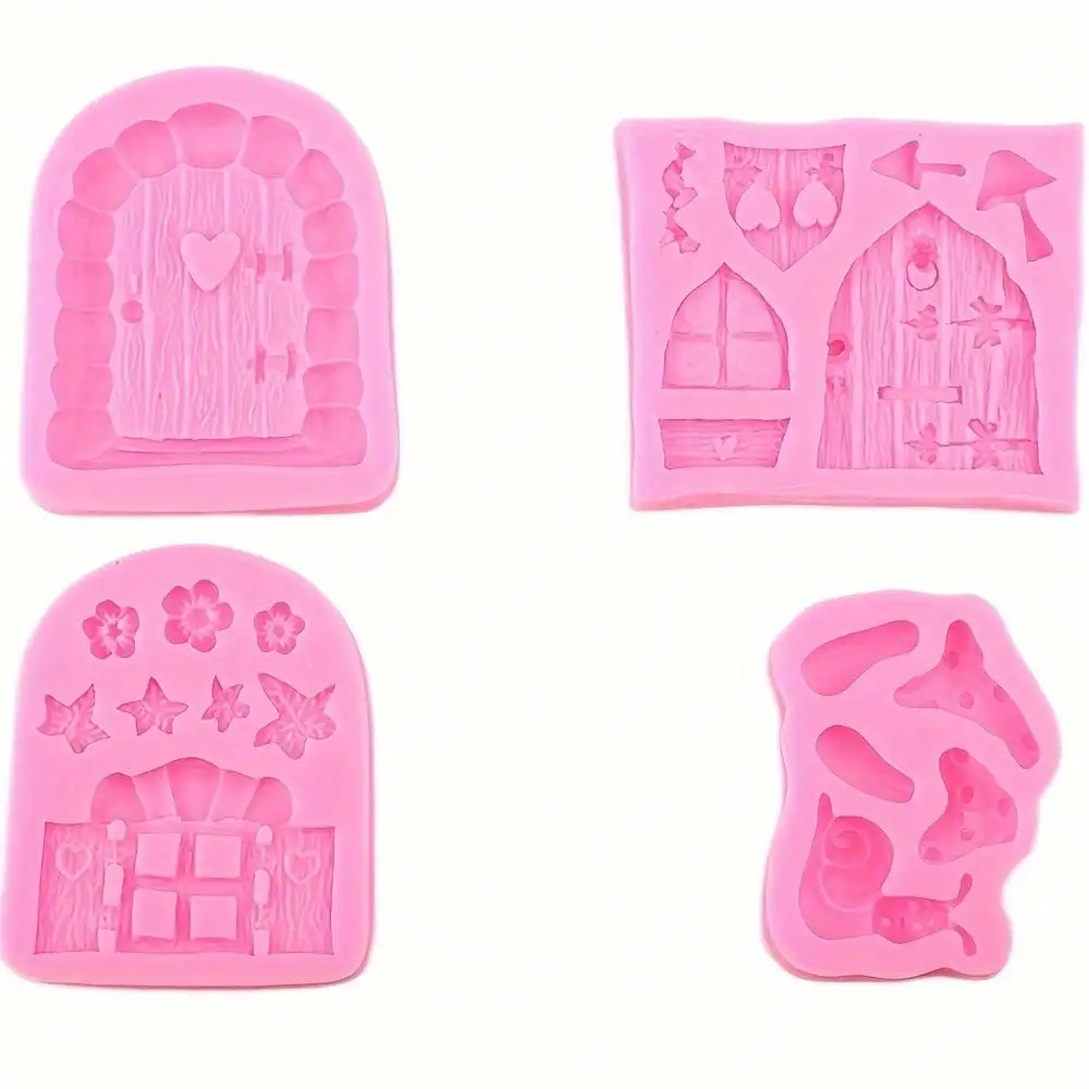 4pcs Enchanted Vintage Fairy Garden Fairy Gnome Home Door Snail Silicone Chocolate Fondant Molds Crafting Cake Decorating