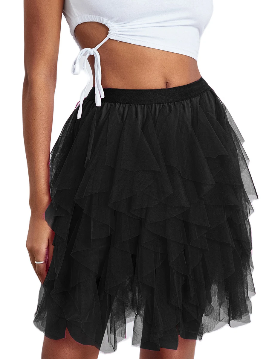 Tulle Skirts for Women Elastic Waist Multi-Layered Sheer Mesh Mini Skirt 80s Asymmetrical Ruffle A-Line Short Tutu Skirt