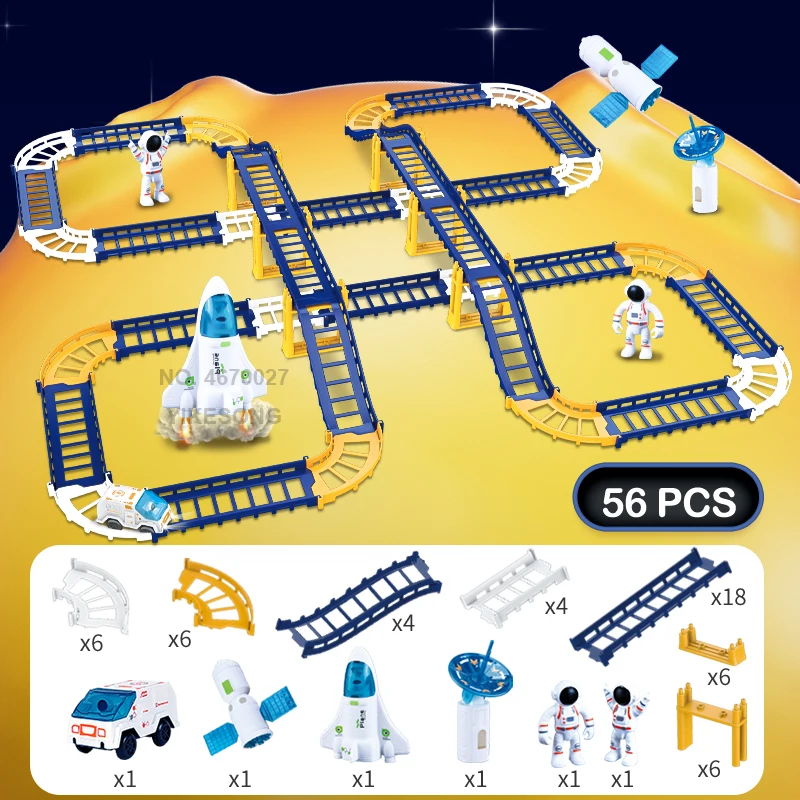 32-78pcs Children Electric Track Toy Car Engineering Kids Educational Astronaut Space Satellite Flexible Train for Birthday Gift