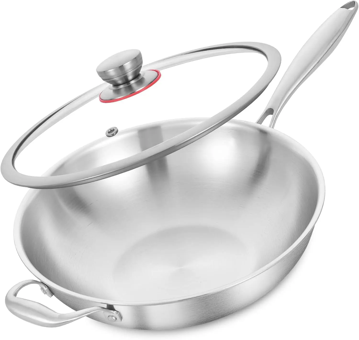 

13 Inch Stainless Steel Wok with Glass Lid, Tri-Ply Stir Fry Pan with Detachable Handle, Uncoated Cooking Wok for Induction &