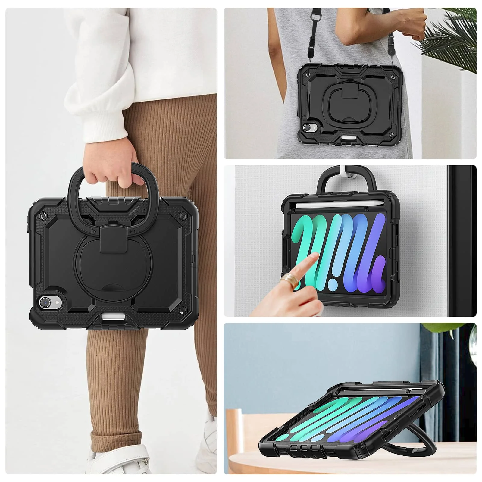For iPad Mini 7 6 2024, Military Grade Shockproof Silicone Cover with 360 Folding Handle Grip + Handle Shoulder Strap