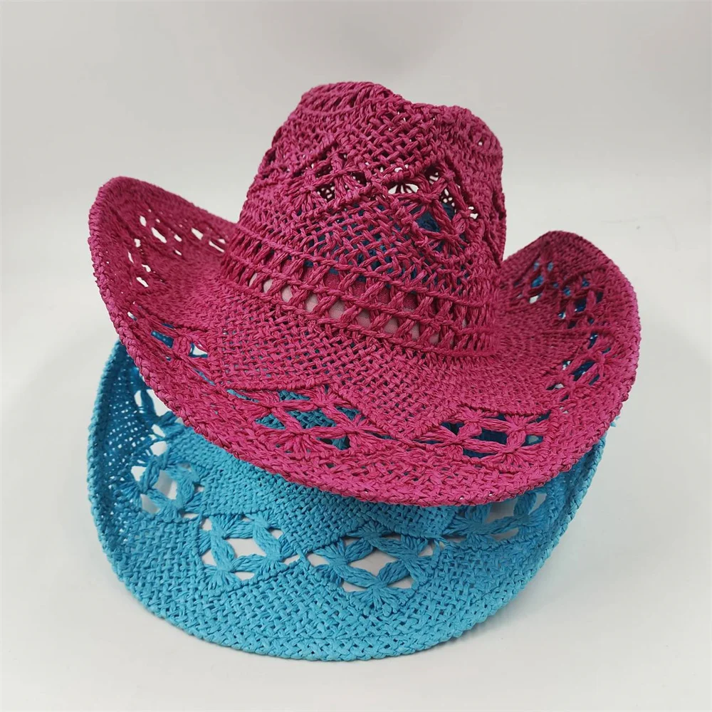 Rose Weave Hollow Western Cowboy Hat For Men Women Summer Outdoor Cowgirl Beach Sun Papyrus Straw Hat sombrero hombre