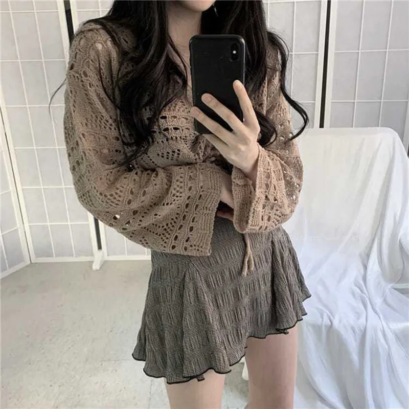 Lucyever Vintage Thin Hollow Out Sweater Women 2024 Spring Summer New French Knit Pullover Female Shawl Sun Protection Short Top