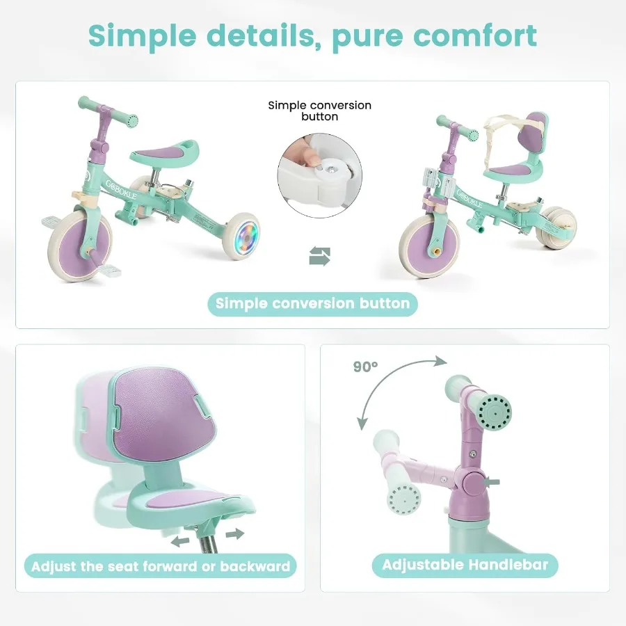 รถสามล้อเด็ก 5-in-1 สำหรับเด็กวัย 1-3 ปี แปลงเป็นจักรยานเด็กพร้อมที่จับสำหรับเข็นและถอดแป้นเหยียบได้ จักรยานทรงตัวพร้อมไฟหลากสี