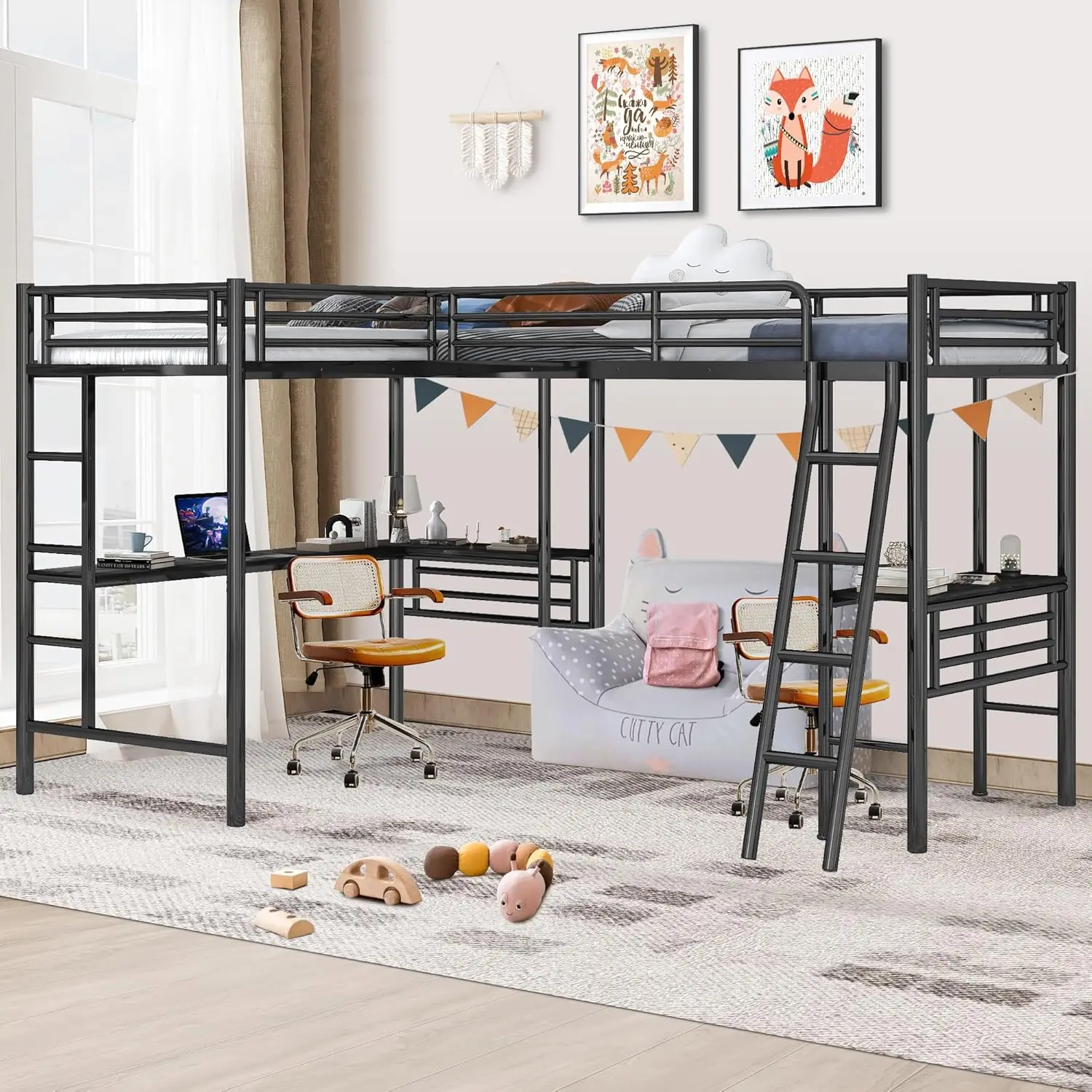 Twin Size L-Shaped Loft Bed with 2 Built-in Desks, Metal Loft Corner Bed with 2 Ladders and Safety Guard Rail, Heavy-Duty Bunk B