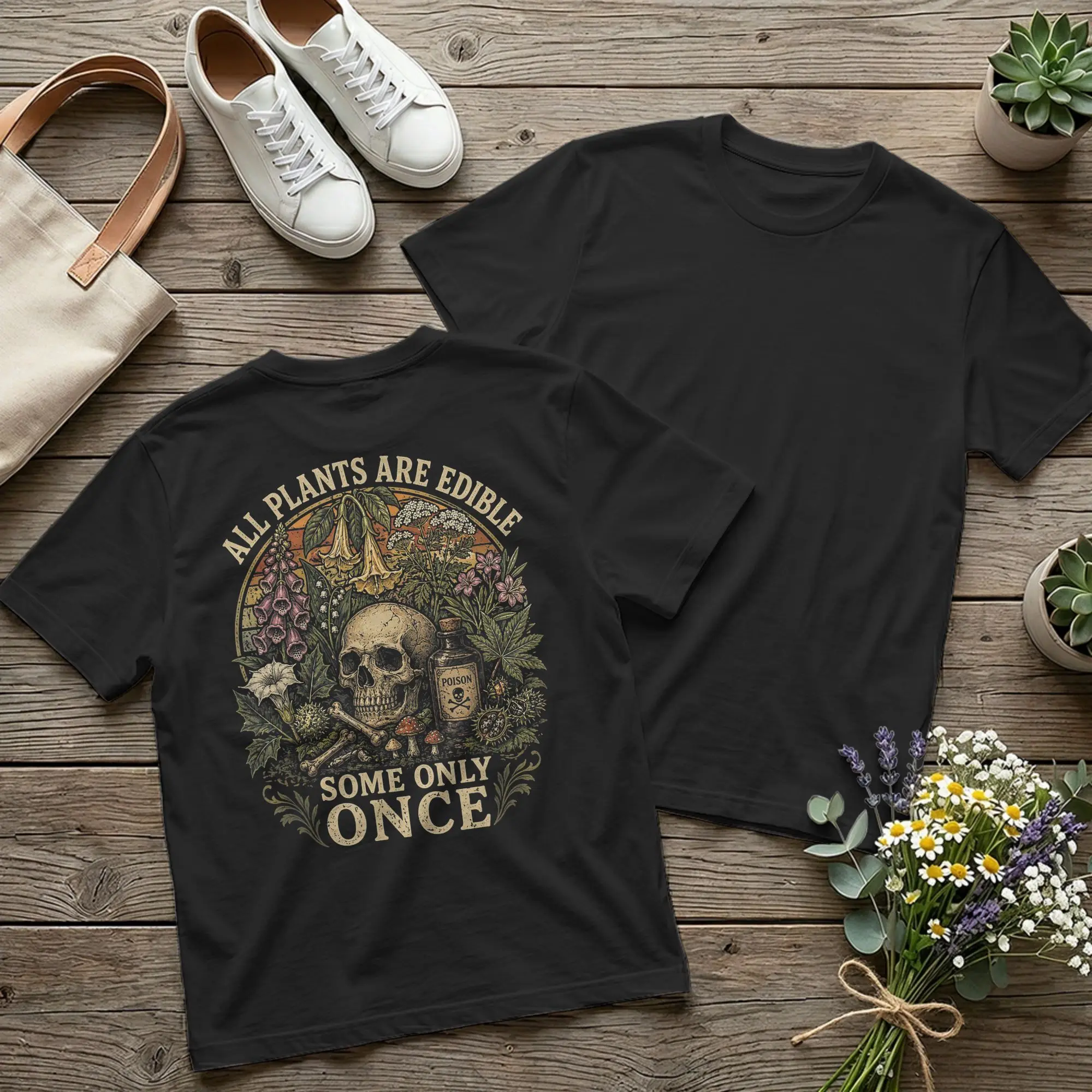 Backprint-T-Shirts mit Aufdruck „Alle Pflanzen sind essbar, einige nur einmal essbar“ für Herren, Gartenarbeit, Freizeit, Baumwoll-T-Shirt, O-Ausschnitt, T-Shirt in Übergröße