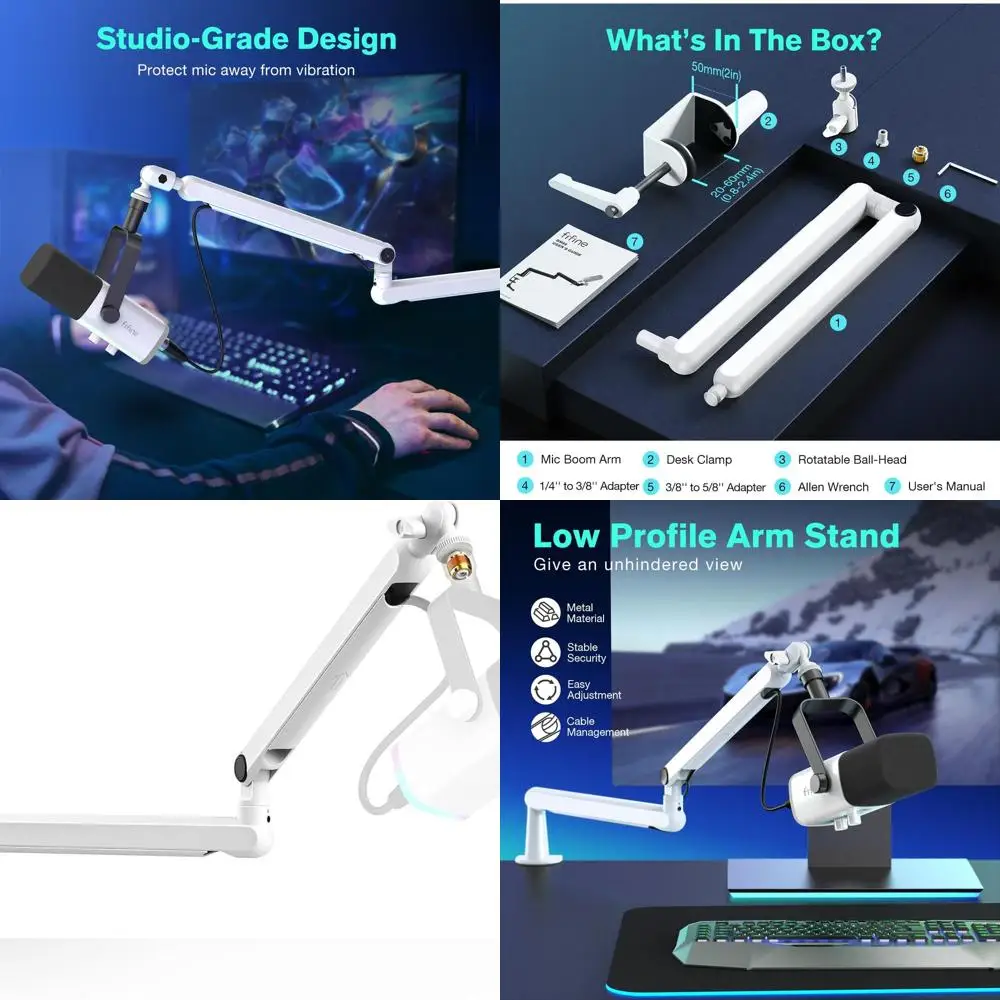 

Desk-Mounted Podcast Microphone Boom Arm, Cable Management, Metal, White, for Recording, Streaming, Gaming, and Home Office - BM