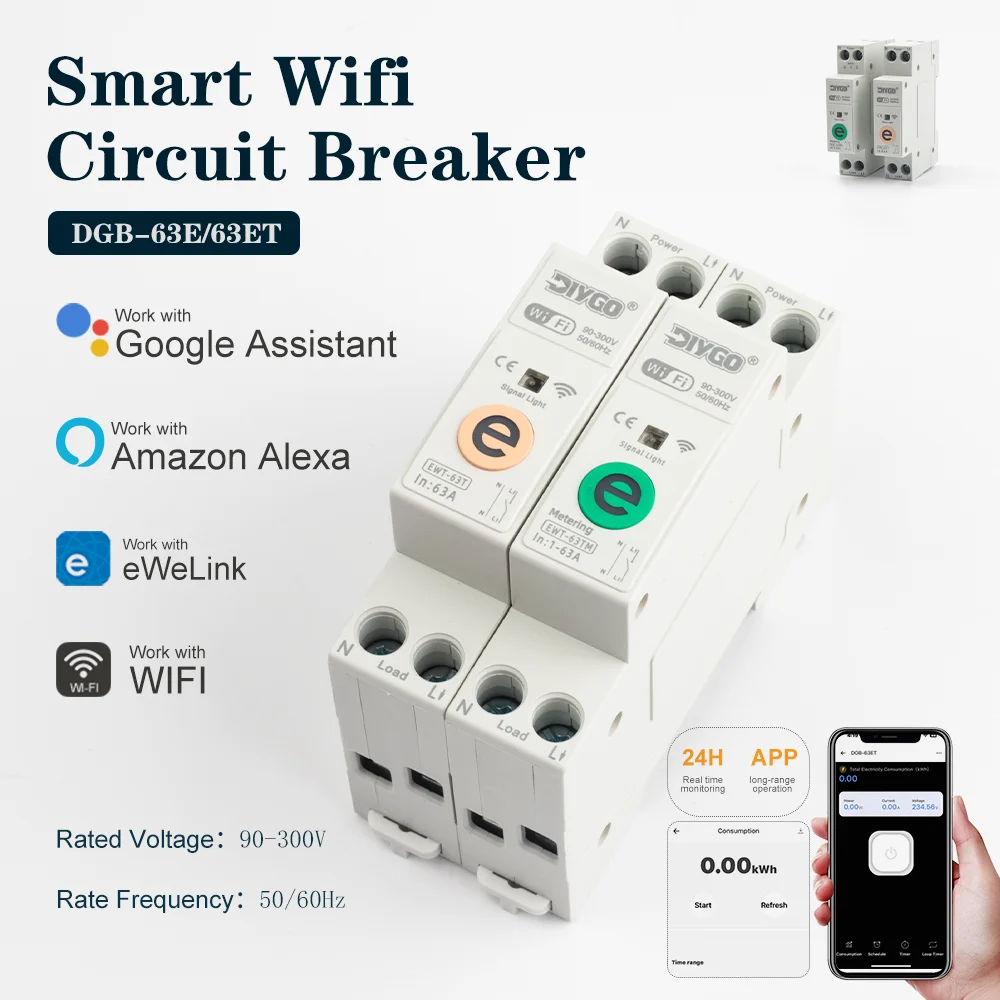 63A 1P+N Mini Din Rail WiFi Smart Switch Circuit Breaker Remote Voice Control Real-monitoring Work With Google & Alexa & Ewelink