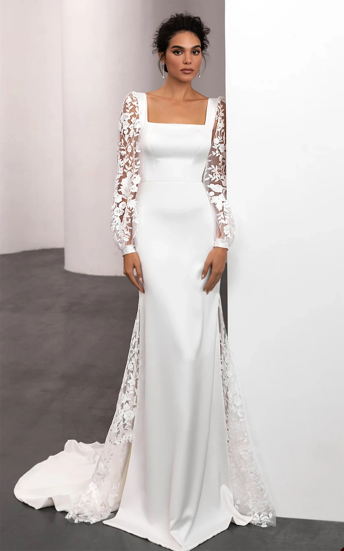 Boho Brautkleider Satin Spitze Square Neck Langarm Applikationen Brautkleider Strand Rückenfreies Brautkleid Vestidos De Noiva