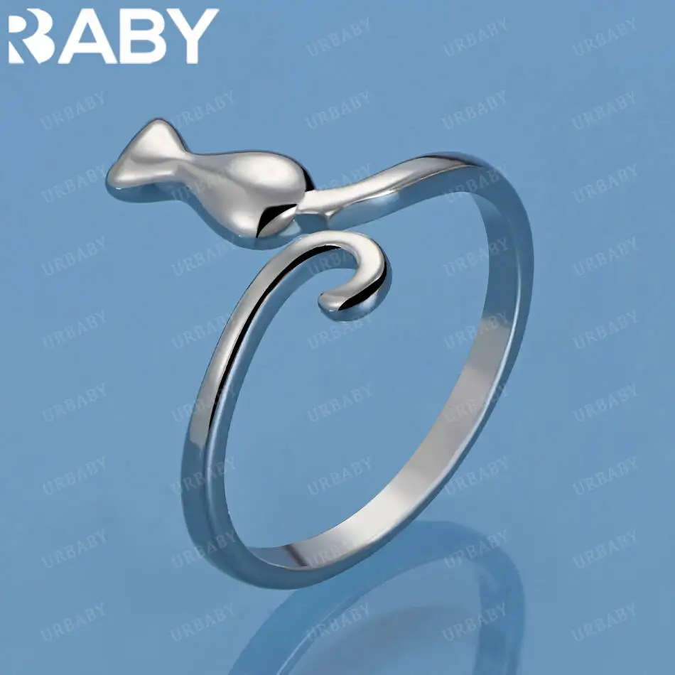 

URBABY 925 Sterling Silver Cat Open Ring For Women Men Fashion Jewelry Charm Grace Wedding Engagement Accessories