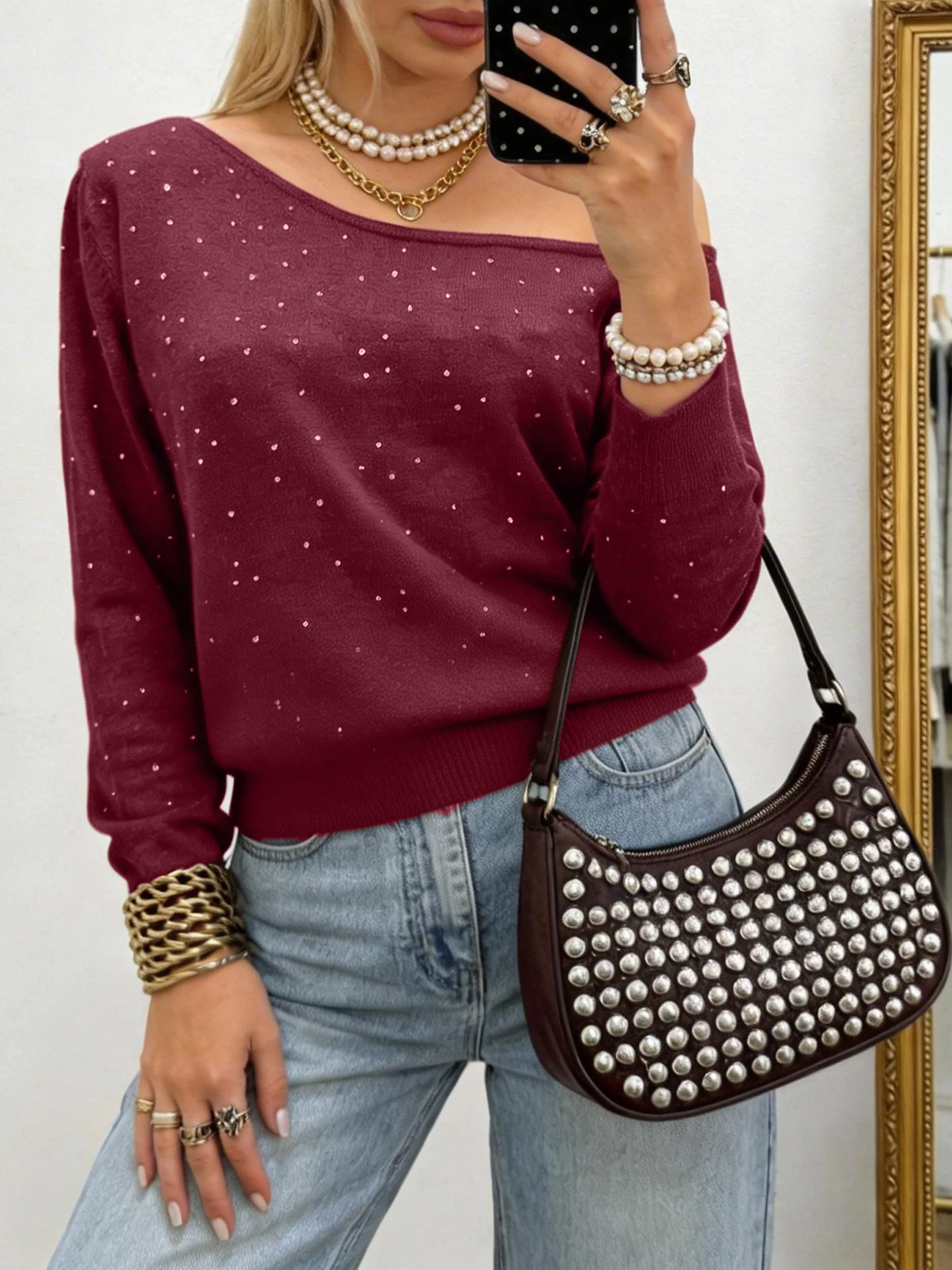 Spring Summer Casual Women Boat Neck Long Sleeve Pullover Knit Solid Rhinestone Top