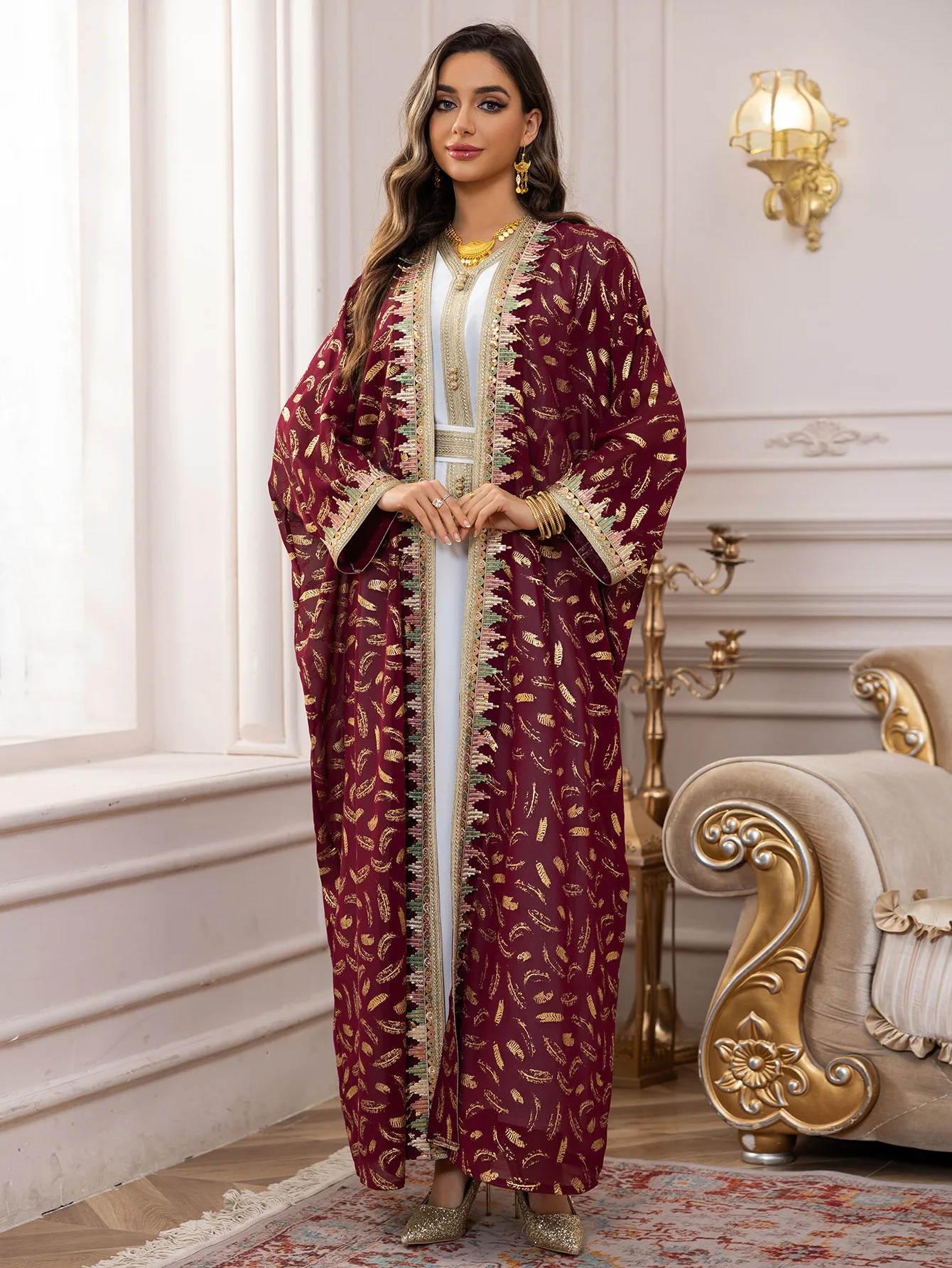 Robe Maxi Deux Pièces avec Ceinture pour Femme Musulmane, Abayas de Luxe pour Ramadan, Dubaï, Estampage Or, Kaftan, Kimono Eid Jalabiya