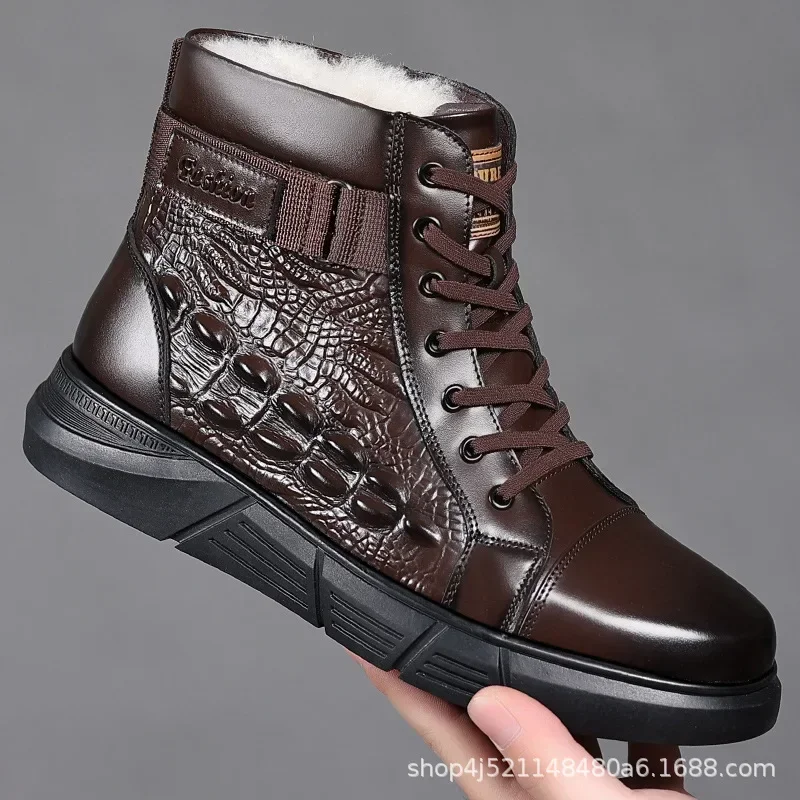 New Winter Luxury Men Ankle Boots Shoes Black Brown Crocodile Printed Zipper Chelsea Genuine Leather Dress Boots Men\'s Shoes