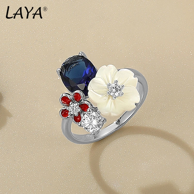 

LAYA 100% 925 Sterling Silver Ring White Shell Flower Shining Zircon Handmade Designer Finger Wedding Party Luxury Fine Jewelry