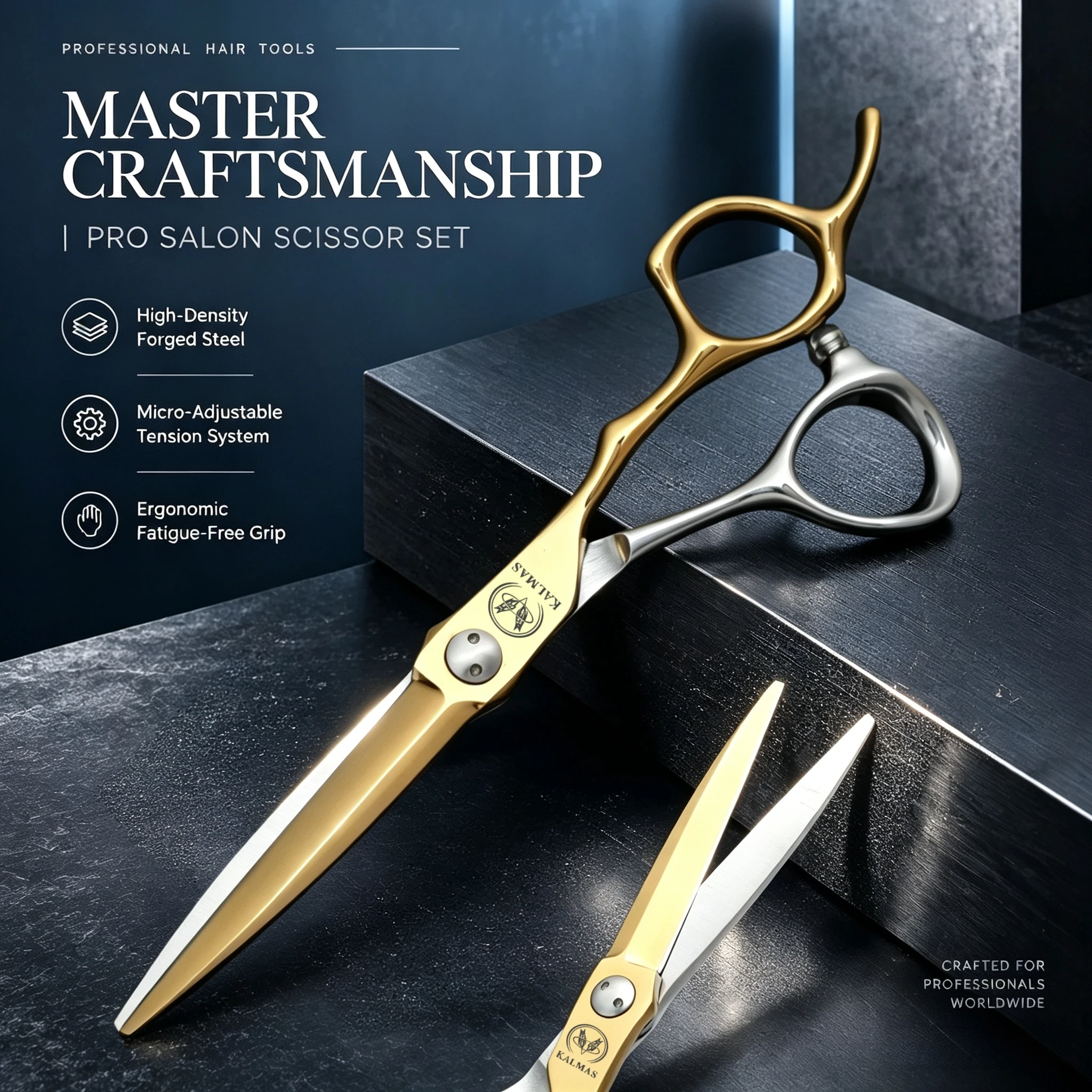 KALMAS Professional Hair Salon Scissors Set Double Cut 5.5-6.0-6.5 Inches Gold & Silver Ideal for Hair Cutting And Thining