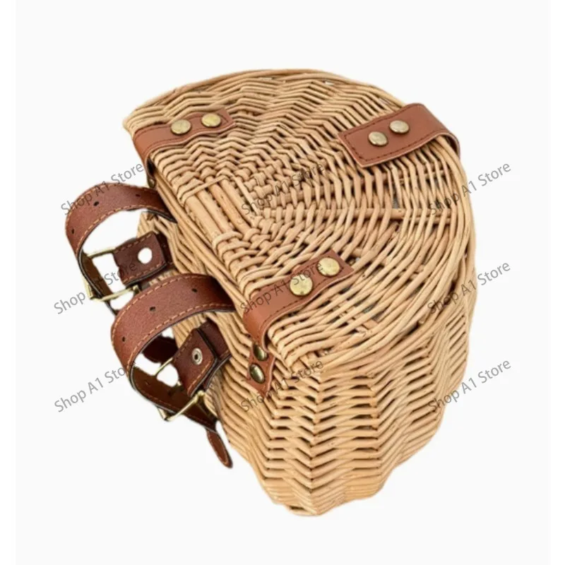 Retro Rattan Woven Kids Bike Front Handlebar Basket With Lid, Wicker Storage Basket for Children Bicycle