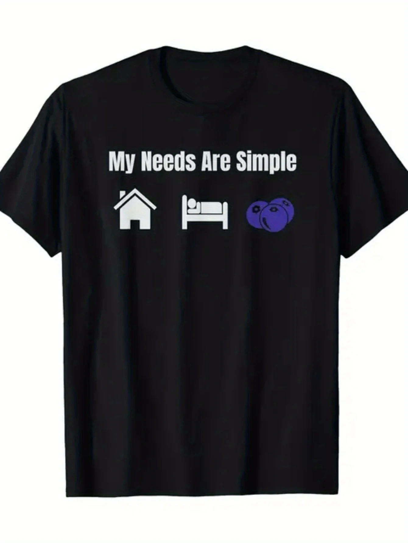 The Words My Needs Are Simple with Icons of A House A Bed and Blueberries on A Black Cotton Short - Sleeve