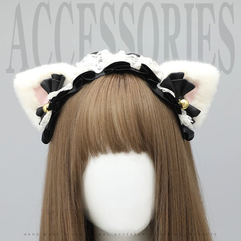 Orelha de gato de pelúcia lolita headwear com pequena sino cosplay anime con acessório kawaii menina clássico lolita cocar babados faixa de cabelo