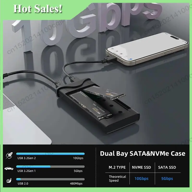 

-FDDT Dual Bay M. 2 Nvme SATA SSD Корпус 10 Гбит/с Nvme 5 Гбит/с SATA USB3.2 Gen2 Type-C Поддержка 8 ТБ