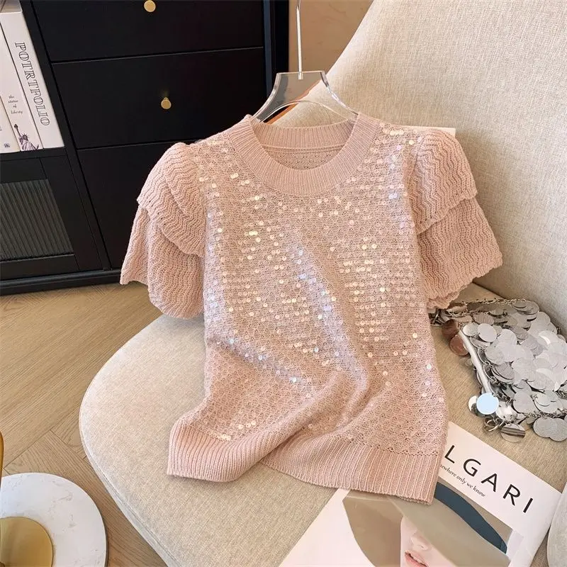 Round Necked Short Sleeved Top Sequin Flower Bud Sleeve Swee Knitted T-shirts Pullover Ropa De Mujer Pink Tee Shirts