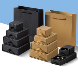 Engraved Logo Cotton Filled Cardboard Kraft Paper Jewelry Packageing Drawer Box Gift Case Black Display Boxes Storage